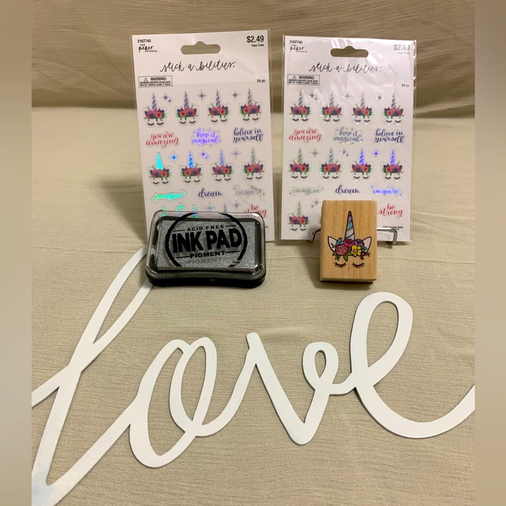 108 pc Flower Unicorn Stickers With Affirmations & 1 Rubber Stamp & Ink Pad